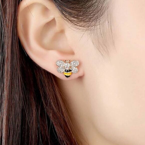 Stainless Steel Cubic Zirconia Bee Stud Earrings - Picture 2 of 9